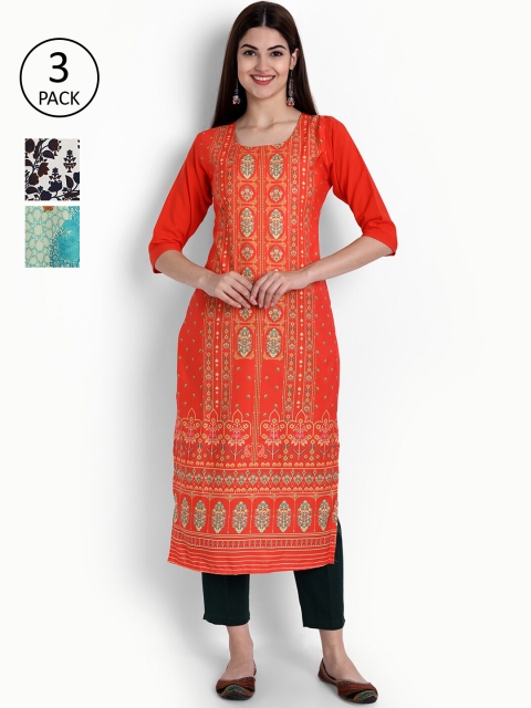 

Ethnic basket Pack Of 3 Ethnic Motifs Printed Crepe Kurta, Orange