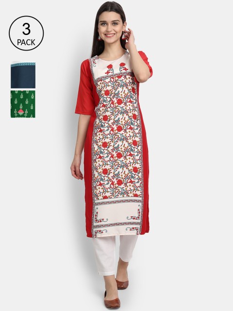 

Ethnic basket Women Pack Of 3 Multicoloured Ethnic Motifs Printed Crepe Kurta, Multi