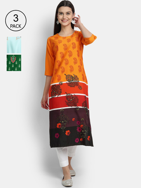 

Ethnic basket Women Orange & Green Pack Of 3 Ethnic Motifs Printed Kurta