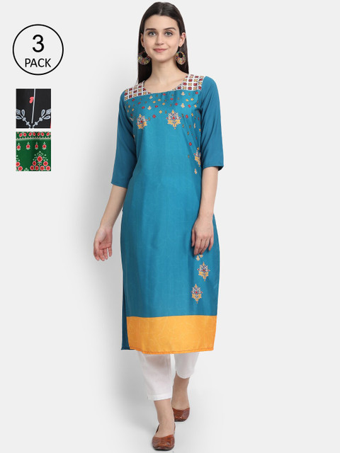 

Ethnic basket Women Pack Of 3 Digital Print Straight Kurtas, Multi