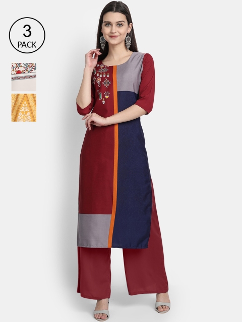 

Ethnic basket Women Pack Of 3 Multicoloured Ethnic Motifs Printed Crepe Kurta, Multi