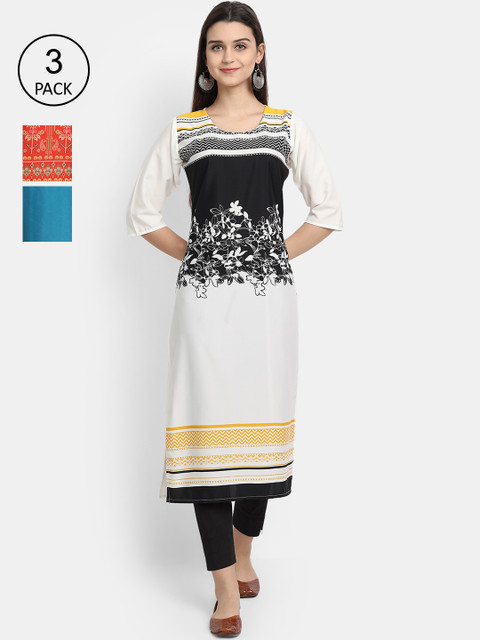 

Ethnic basket Women Pack of 3 White & Orange Floral Digital Printed Crepe Kurtas