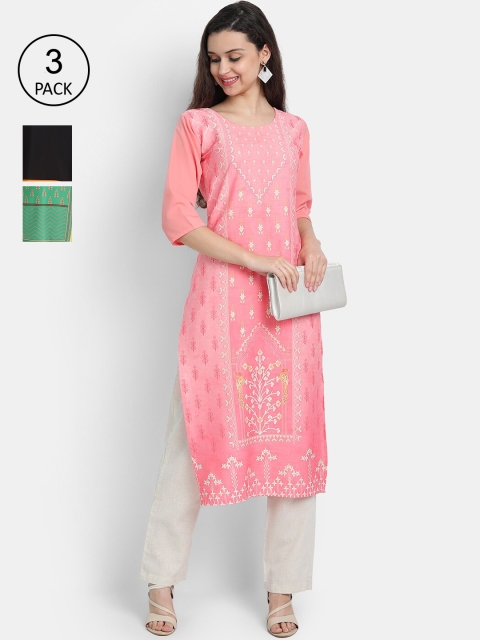 

Ethnic basket Women Pack of 3 Ethnic Motifs Printed Crepe Kurta, Pink