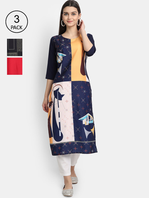 

Ethnic basket Women Navy Blue & Red Geometric Printed Crepe Kurta Pack Of 3