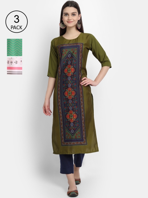 

Ethnic basket Women Olive Green & White Ethnic Motifs Printed Crepe Kurta Pack Of 3