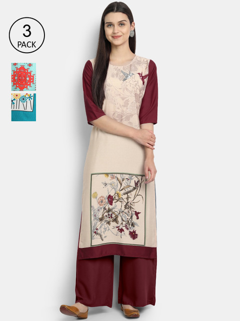 

Ethnic basket Women Pack Of 3 Digital Printed Crepe Kurta, Beige