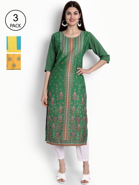 

Ethnic basket Women Green & Mustard Yellow Pack Of 3 Ethnic Motifs Printed Kurta