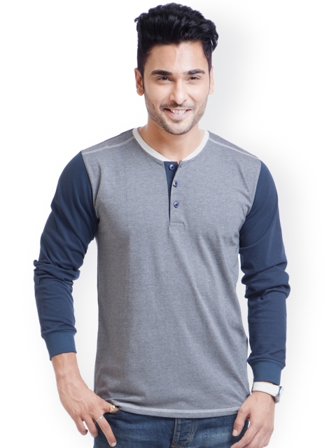 

CULT FICTION Men Grey Melange & Blue Henley Neck Classic Fit T-Shirt