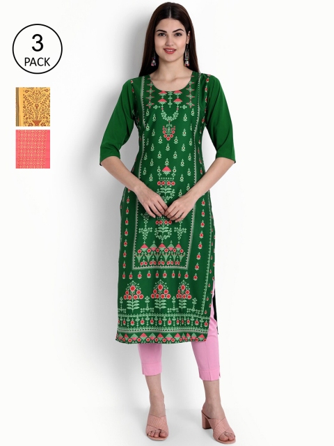 

Ethnic basket Women Green & Yellow Pack of 3 Ethnic Motifs Printed Crepe Kurta