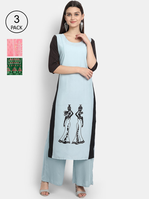 

Ethnic basket Women Pack of 3 Digital Printed Straight Kurtas, Blue