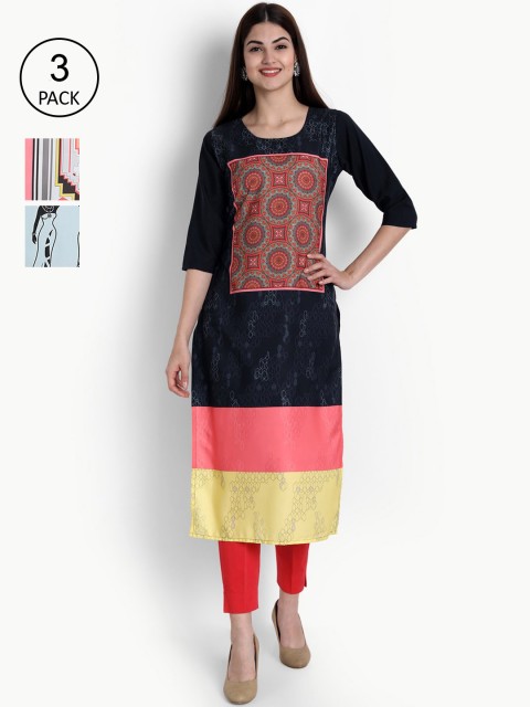 

Ethnic basket Women Black & Yellow Printed Crepe Kurta Pack Of 3