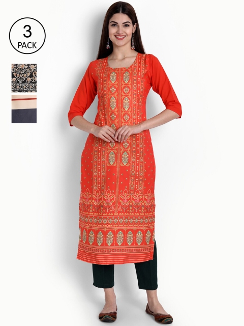 

Ethnic basket Women Pack of 3 Red & White Geometric Printed Crepe Kurtas