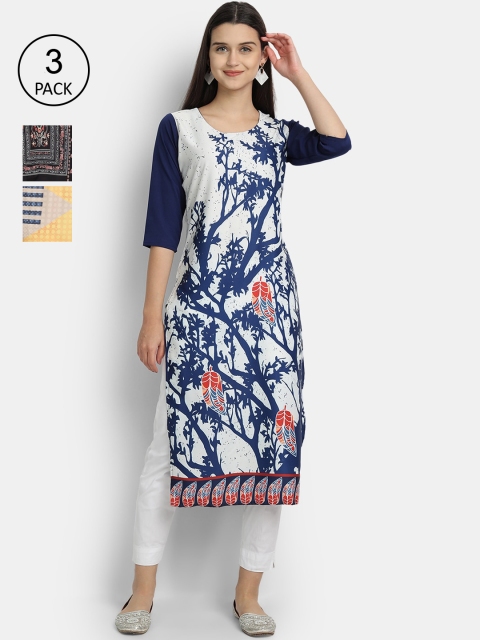 

Ethnic basket Women White & Black Pack Of 3 Floral Printed Crepe Kurta
