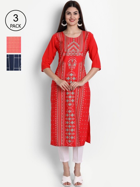 

Ethnic basket Women Pack of 3 Multicoloured Ethnic Motifs Printed Crepe Kurta, Multi