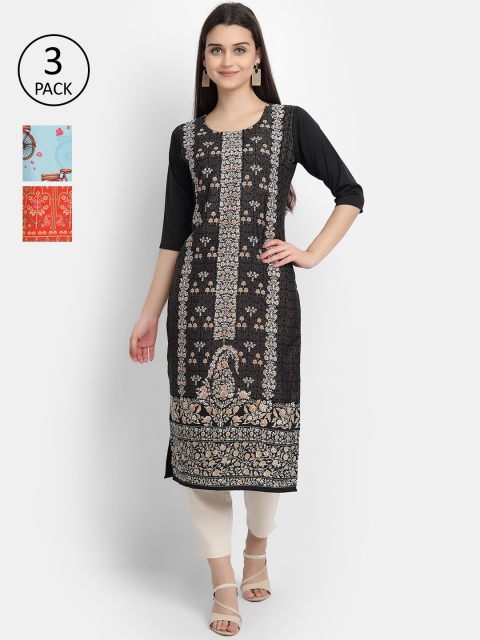 

Ethnic basket Pack Of 3 Floral Printed Crepe Kurta, Black