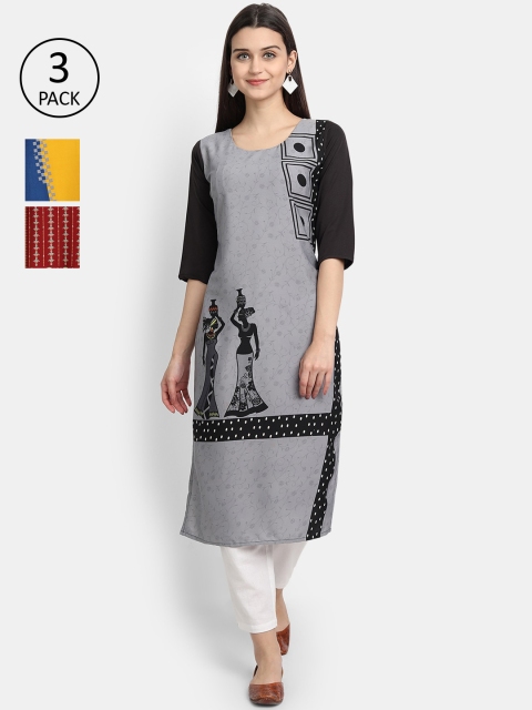 

Ethnic basket Women Multicoloured Floral Printed Thread Work Crepe Kurta, Multi