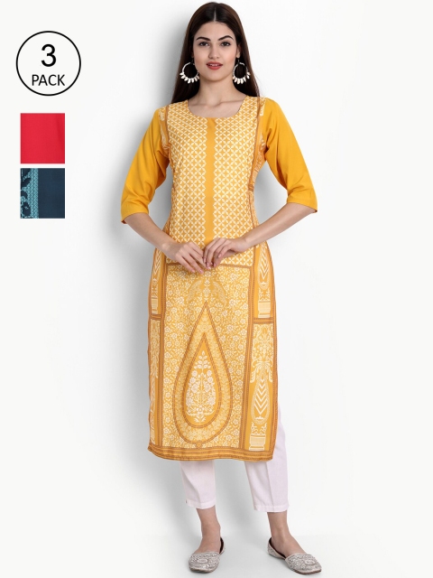 

Ethnic basket Women Pack Of 3 Straight Kurtas, Yellow