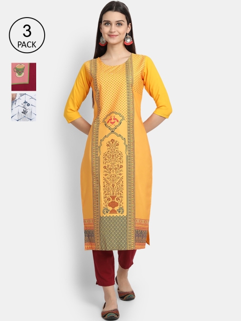 

Ethnic basket Women Pack Of 3 Multicoloured Ethnic Motifs Printed Crepe Kurta, Multi