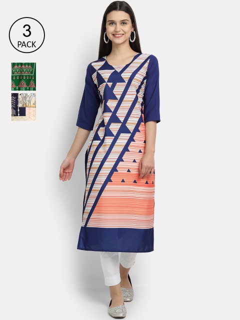 

Ethnic basket Women Pack of 3 Multicolored Geometric Printed Crepe Kurtas, Multi