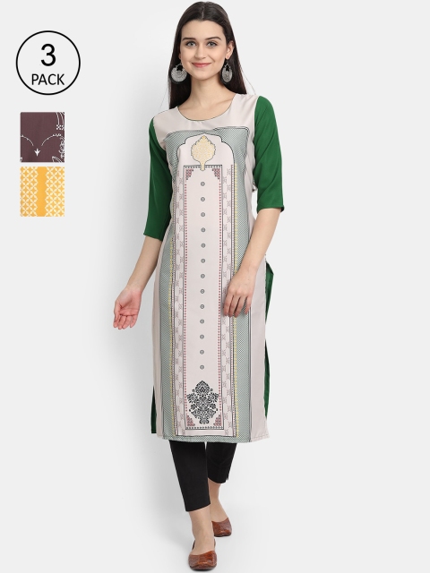 

Ethnic basket Women Pack of 3 White & Yellow Ethnic Motifs Printed Crepe Kurtas