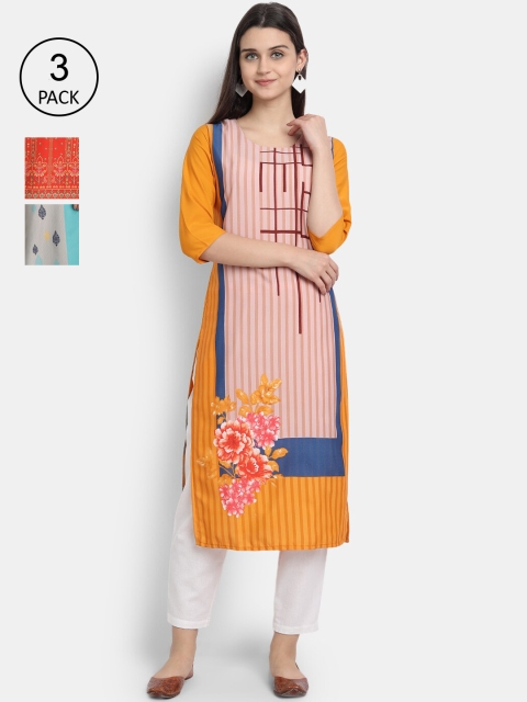 

Ethnic basket Women Pack of 3 Digital Printed Straight Kurtas, Mustard