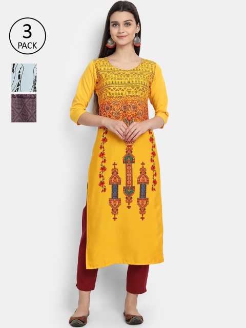 

Ethnic basket Women Pack Of 3 Multicoloured Ethnic Motifs Crepe Kurta, Multi