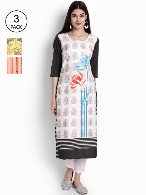 

Ethnic basket Women Pack Of 3 Digital Printed Crepe Kurta, White