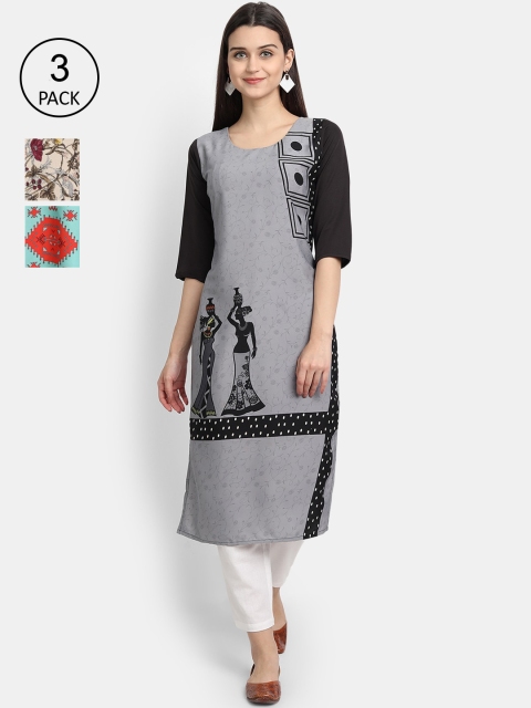 

Ethnic basket Women Pack of 3 Multicoloured Floral Printed Crepe Kurta, Multi