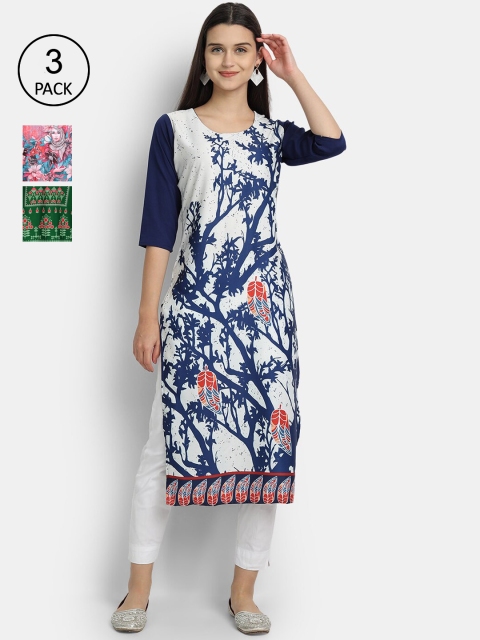 

Ethnic basket Women Pack Of 3 Digital Printed Crepe Kurta, White