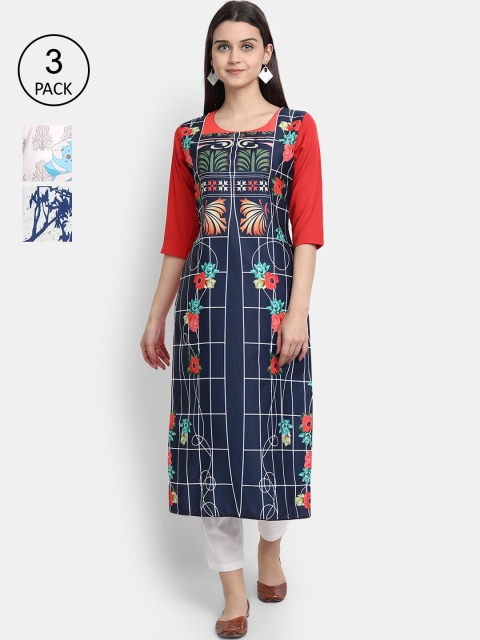 

Ethnic basket Women Pack Of 3 Straight Kurtas, Navy blue