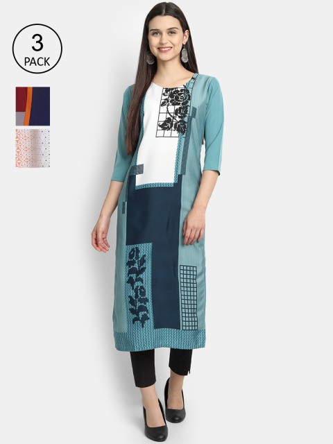 

Ethnic basket Women Set Of 3 Blue & Red Floral Printed Crepe Kurta