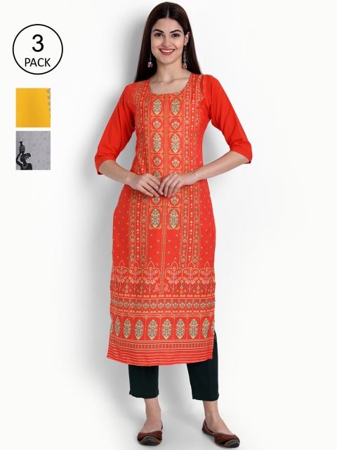 

Ethnic basket Women Pack Of 3 Digital Printed Crepe Kurta, Orange