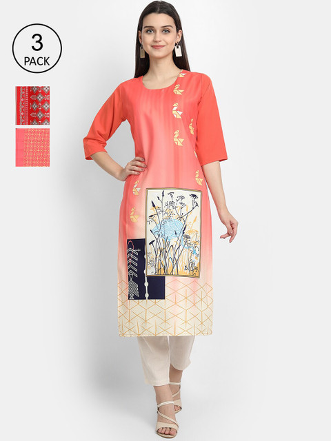 

Ethnic basket Women Pack of 3 Digital Printed Straight Kurtas, Peach