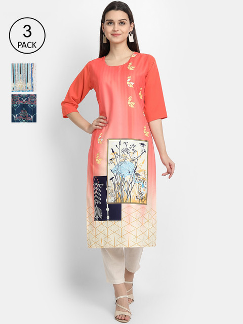 

Ethnic basket Women Pack of 3 Digital Printed Straight Kurtas, Peach