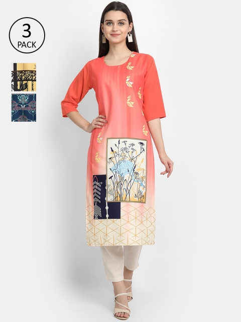

Ethnic basket Women Pack of 3 Digital Printed Straight Kurtas, Peach