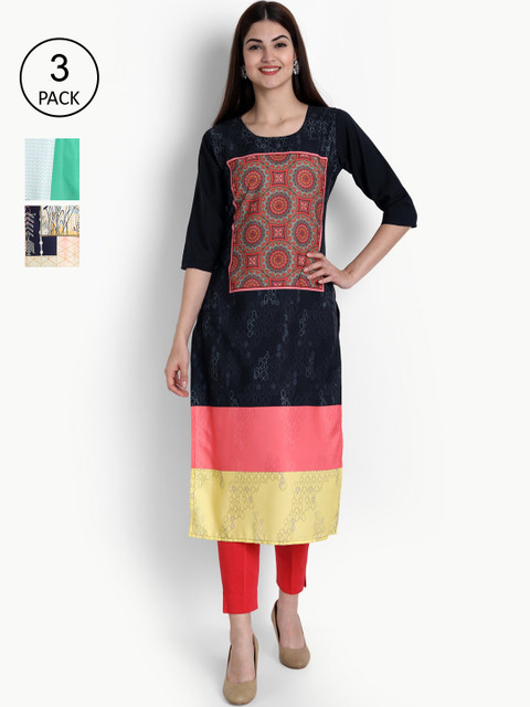 

Ethnic basket Women Multicoloured Set of 3 Ethnic Motifs Printed Crepe Kurta, Multi