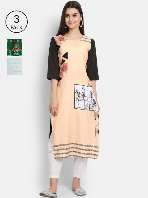 

Ethnic basket Women Pack Of 3 Digital Printed Crepe Kurta, Blue