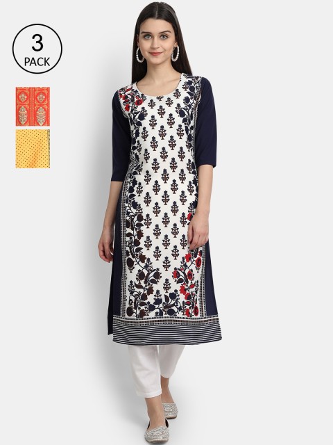 

Ethnic basket Women Pack of 3 Multicoloured Ethnic Motifs Printed Crepe Kurta, Multi
