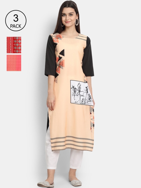 

Ethnic basket Women Pack of 3 Digital Printed Straight Kurtas, Peach