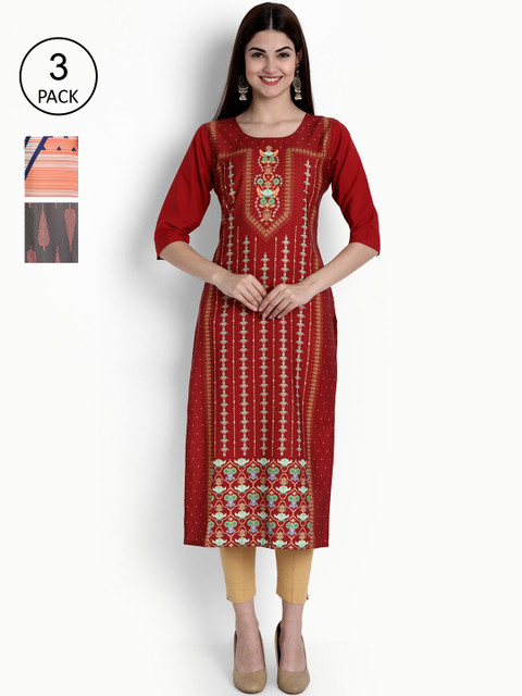 

Ethnic basket Women Multicoloured Geometric Printed Thread Work Crepe Kurta, Multi