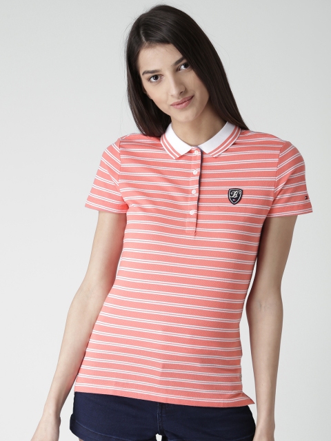 

Tommy Hilfiger Women Coral Pink Striped Polo Collar T-shirt