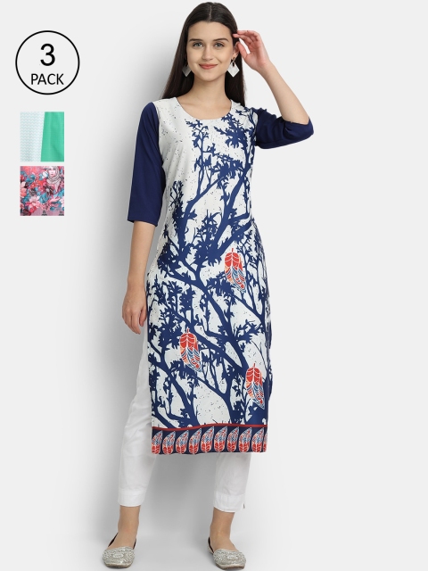 

Ethnic basket Women Pack of 3 Floral Printed Crepe Kurta, Green