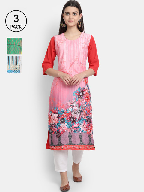 

Ethnic basket Women Pink & Blue Pack Of 3 Ethnic Motifs Printed Kurta