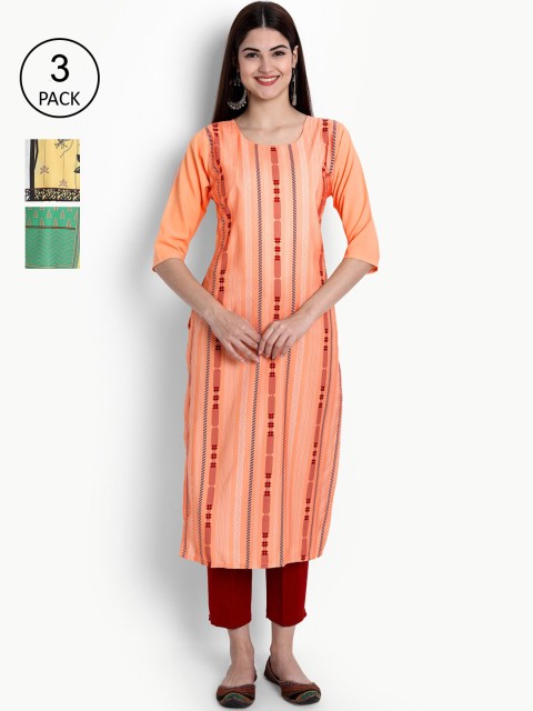 

Ethnic basket Pack Of 3 Ethnic Motifs Printed Crepe Kurta, Orange