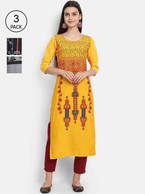 

Ethnic basket Women Pack of 3 Multicoloured Ethnic Motifs Printed Crepe Kurta, Multi