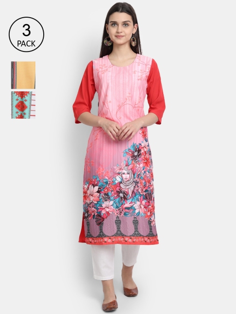 

Ethnic basket Women Pack Of 3 Multicoloured Ethnic Motifs Printed Crepe Kurta, Multi