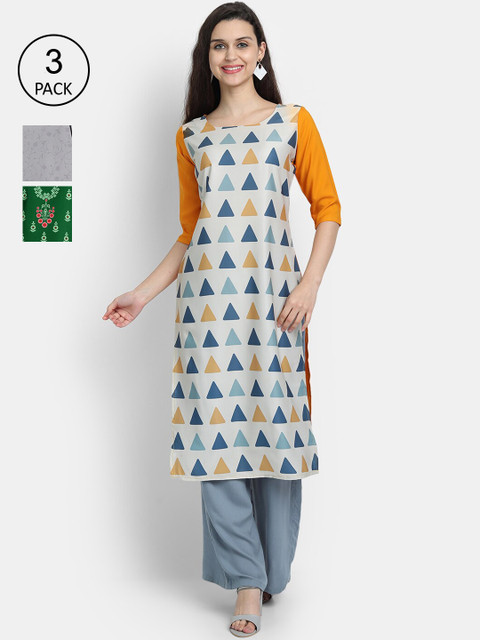 

Ethnic basket Women Pack Of 3 Multicoloured Ethnic Motifs Printed Crepe Kurta, Multi