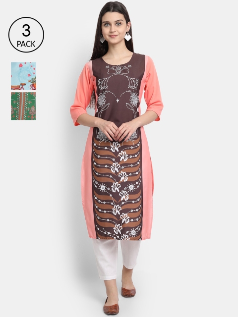 

Ethnic basket Women Pack Of 3 Digital Printed Crepe Kurta, Brown