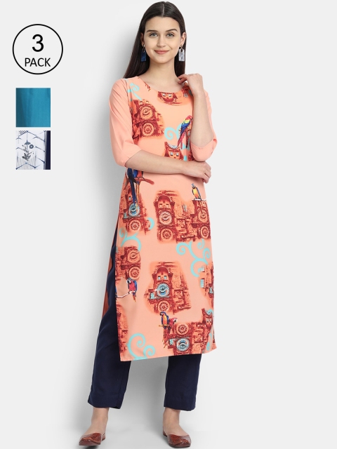 

Ethnic basket Women Peach & White Pack Of 3 Floral Printed Kurta