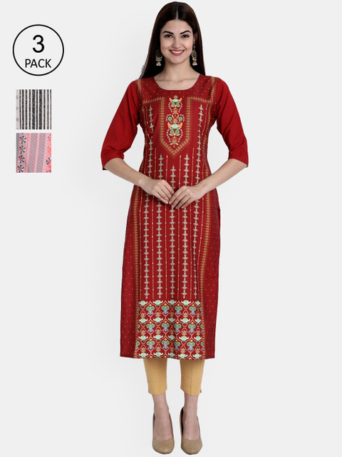 

Ethnic basket Women Maroon & Green Printed Crepe Kurta Pack Of 3